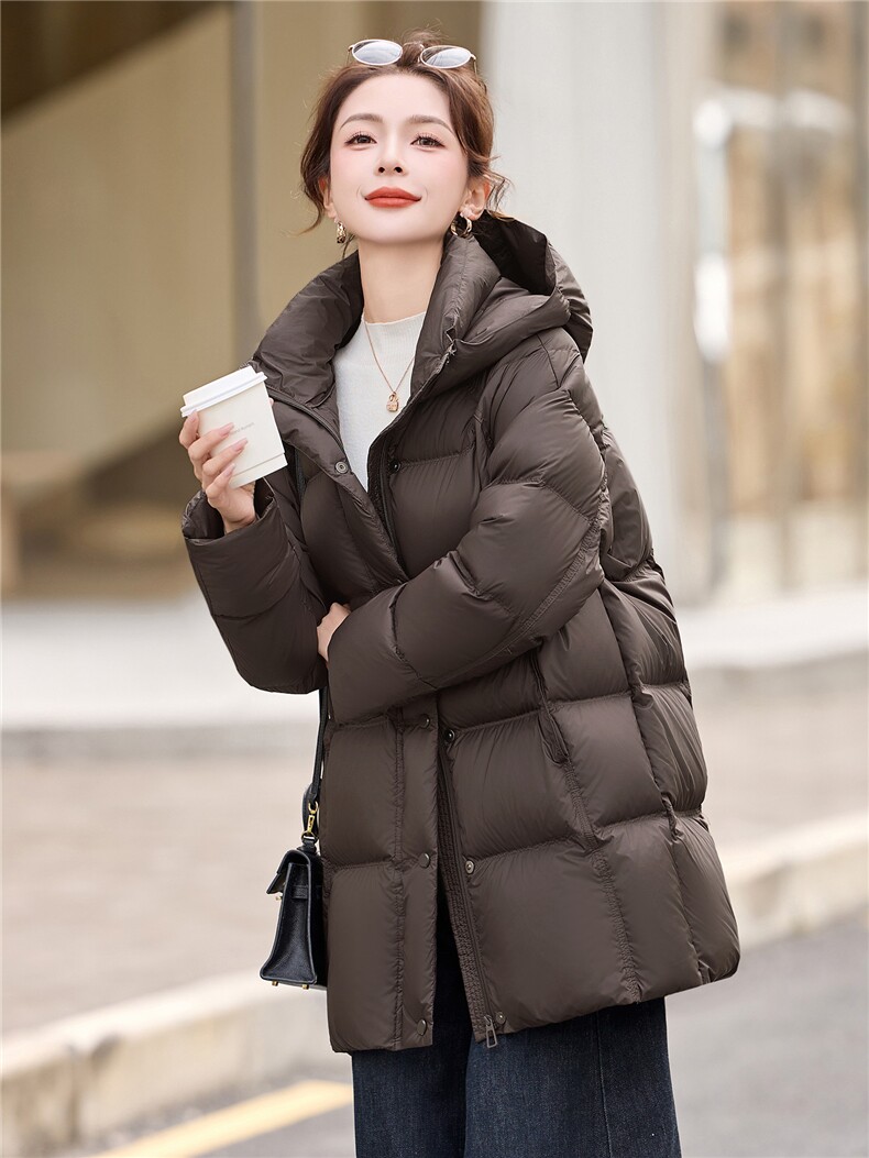 90白鸭绒羽绒服女2025冬季新款中长款连帽加厚宽松保暖羽绒外套,女装羽绒服,美沁