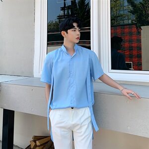 夏季薄面料男衬衣皱面百搭胸前飘带设计蓝衬衫A图片