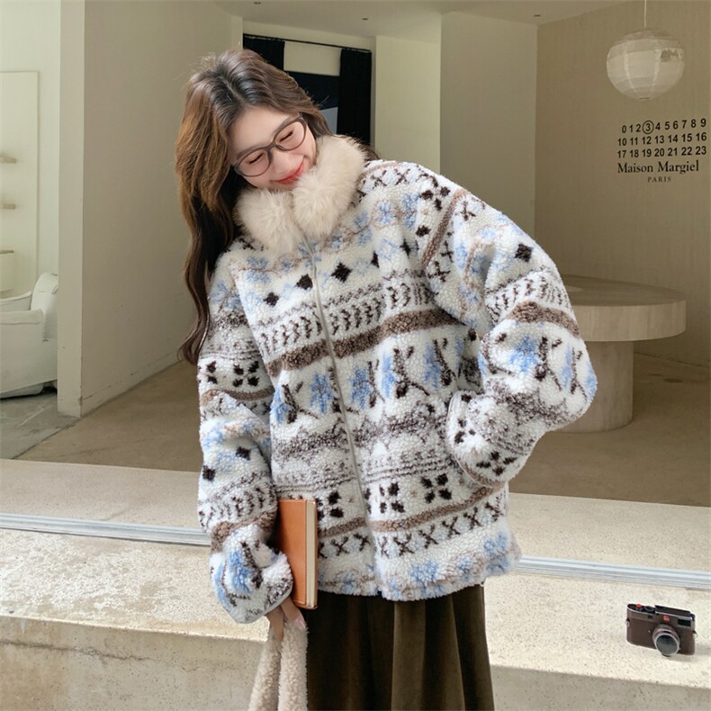 费尔岛风复古提花外套女2025冬新款加厚保暖羊羔绒皮毛一体短外套,女装棉衣/棉服,2C275