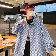 棋盘格衬衫男长袖小众搭高级感休闲外套港风日系JK08523-P58，男装夹克，星座308B-1