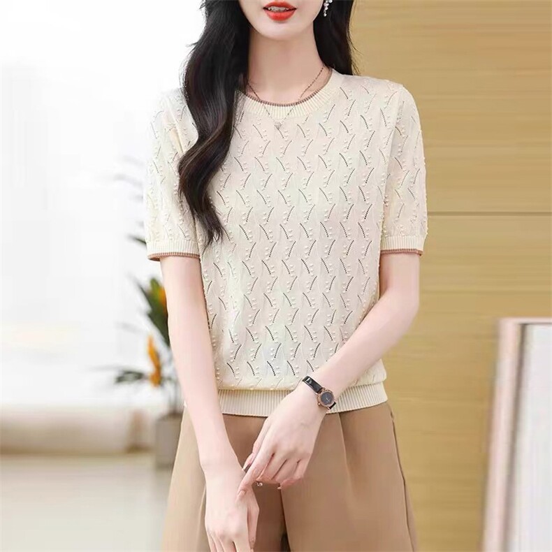 夏季圆领短袖体恤上衣女宽松简约波浪纹设计感冰丝短袖t恤上衣,女装T恤,暖姿羊绒