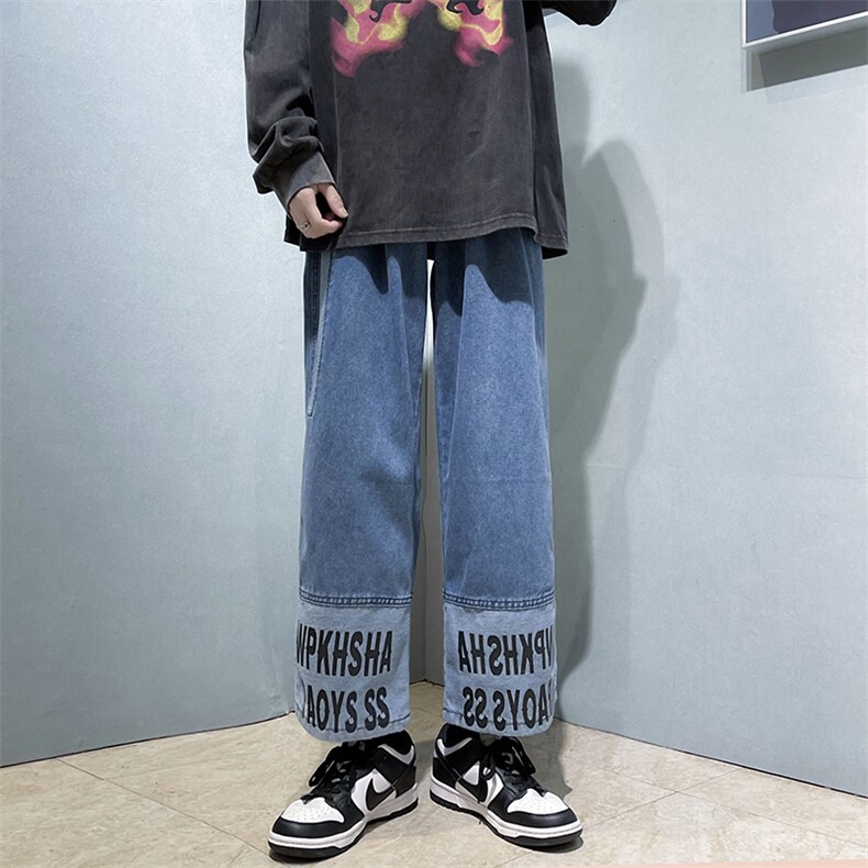 2023夏季新款韩版宽松百搭牛仔裤拼接字母印花长裤K3795-P42,男装牛仔裤,星座512-3