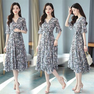 碎花雪纺连衣裙女中长款2025夏季新款韩版收腰显瘦气质小清新夏裙，女装连衣裙，星宇服饰