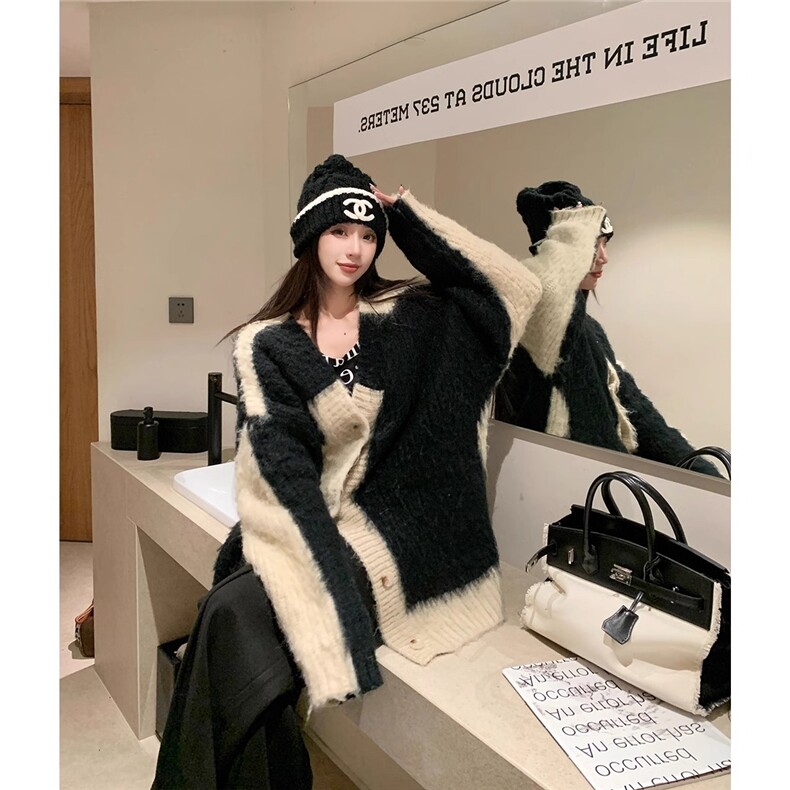 开衫毛衣女2025新款港风复古chic别致设计感撞色针织上衣秋冬,男装针织衫/毛衣,星座506A