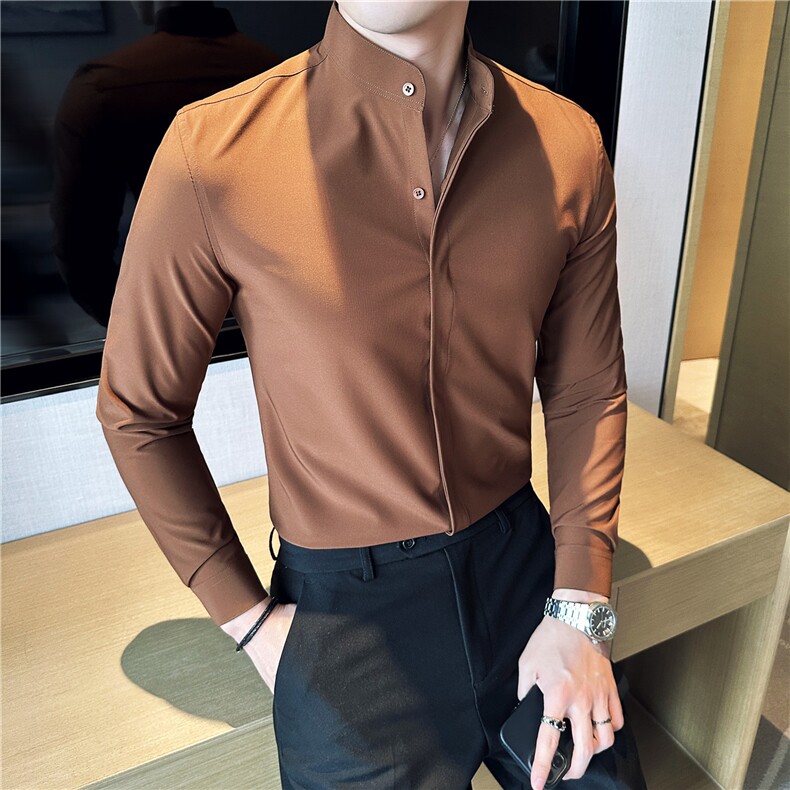 新增藏青色~商务休闲衬衣男新中式立领衬衫弹力柔顺亲肤C6622-P58,男装衬衫,电商A213