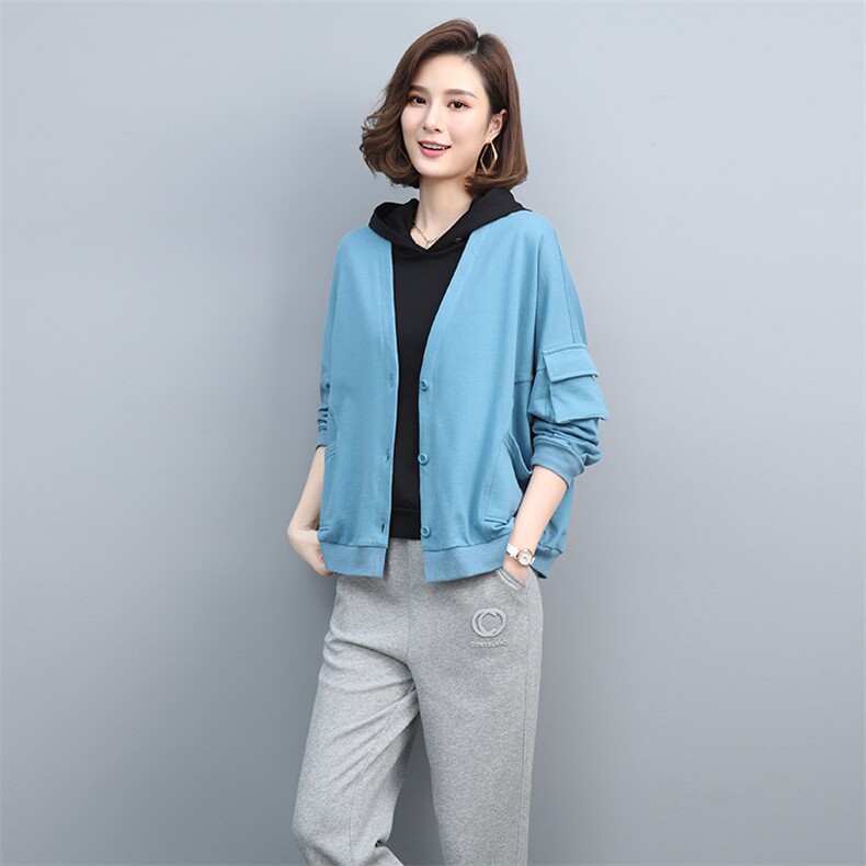 2021春季新款时尚V领休闲宽松舒适卫衣两件套,女装套装/套裙,玛其路