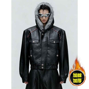 现货冬季美式潮牌痞帅PU皮机车服棉衣毛毛绒狼王座山雕皮棉服图片