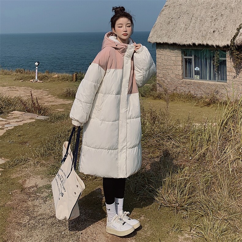 冬装撞色加厚中长款面包服棉服,女装棉衣/棉服,菡迪欧娜