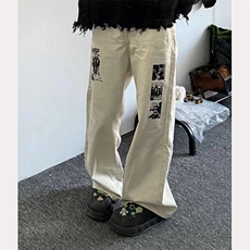 美式高街风裤子男欧美痞帅涂鸦印花直筒休闲裤高级感阔腿长裤，男装休闲裤，星座506A