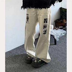 美式高街风裤子男欧美痞帅涂鸦印花直筒休闲裤高级感阔腿长裤图片