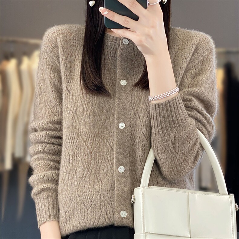 羊毛开衫女2023秋季新款圆领宽松上衣外搭衫针织衫外套,女装羊毛衫,端硕羊绒