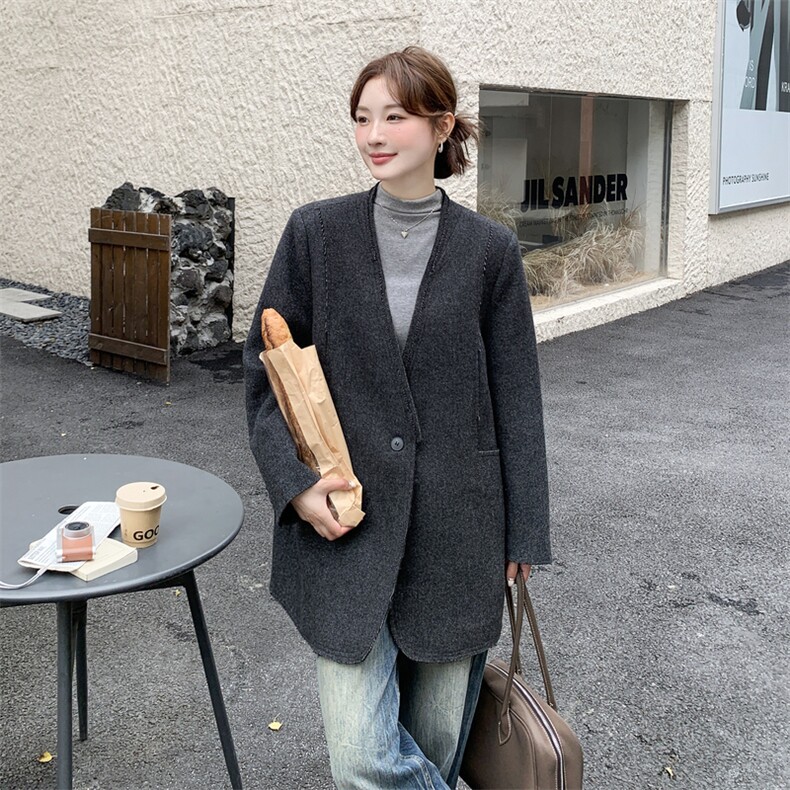 深灰色淡人羊毛呢羽绒内胆西装外套女2025冬季韩系气质高级感外套,女装羽绒服,2C291