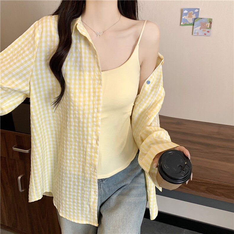 TC573-P45慵懒风撞色格纹长袖衬衫夏季新款宽松百搭防晒开衫上衣，女装衬衫，星座617A-2