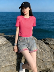 韩版休闲时尚套装女夏新款玫红色圆领短袖上衣破洞牛仔短裤两件套，女装套装/套裙，江南