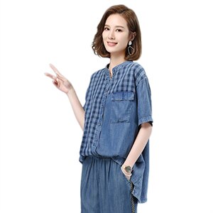 2021夏季新款时尚气质拼接水洗牛仔短袖衬衫图片