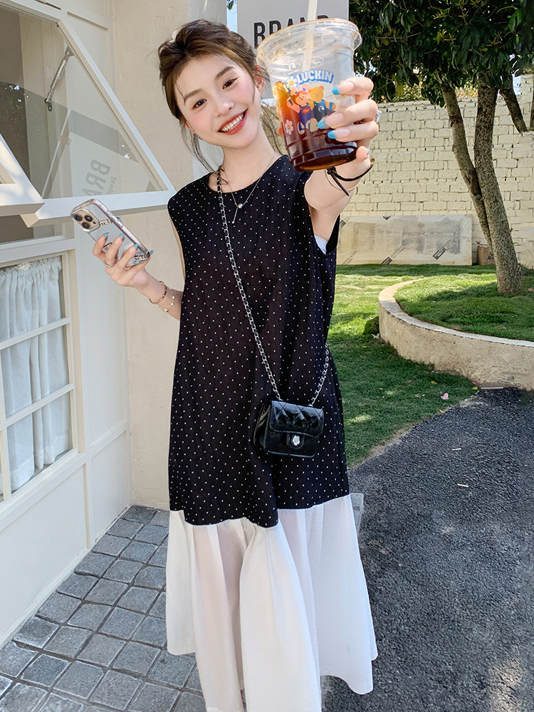 2025新款韩系甜美无袖波点连衣裙子女夏季设计感撞色拼接背心长裙,女装连衣裙,流量+