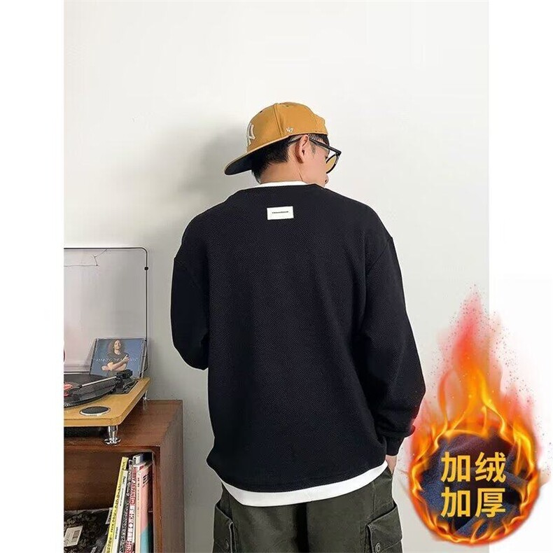 加绒加厚华夫格假两件卫衣男秋冬季2024新款高级感圆领长袖打底衫,男装卫衣,星座506A