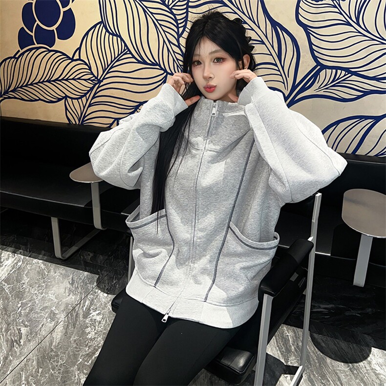 抖音得物高品质秋冬美式高街重磅结构辑明线纹理连帽卫衣外套W111,男装卫衣,电商A486