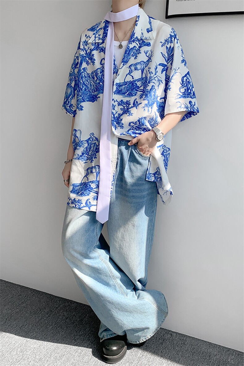 8XL-M天丝亚麻清爽晕染古巴领短袖衬衫男半截袖冰丝衬衣CS525P58,男装衬衫,电商D206-1