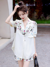 小个子高腰连衣裙西装领职业夏季短袖气质收腰印花短裤，女装短裤/热裤，韩美纤衣