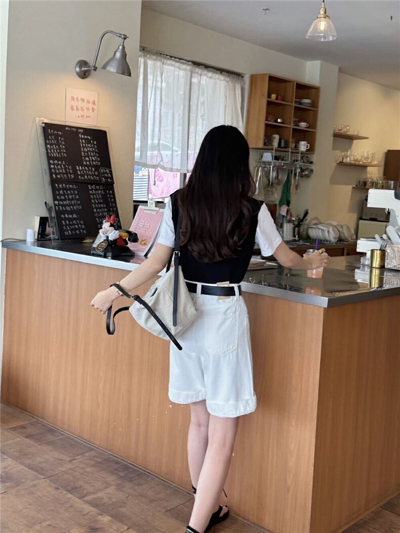 夏季高腰蕾丝花边阔腿牛仔短裤休闲直筒中裤,女装休闲裤,湘姗