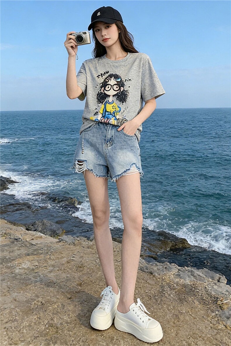 潮流休闲时尚运动套装女夏季新款圆领印花刺绣上衣牛仔短裤两件套,女装套装/套裙,江南