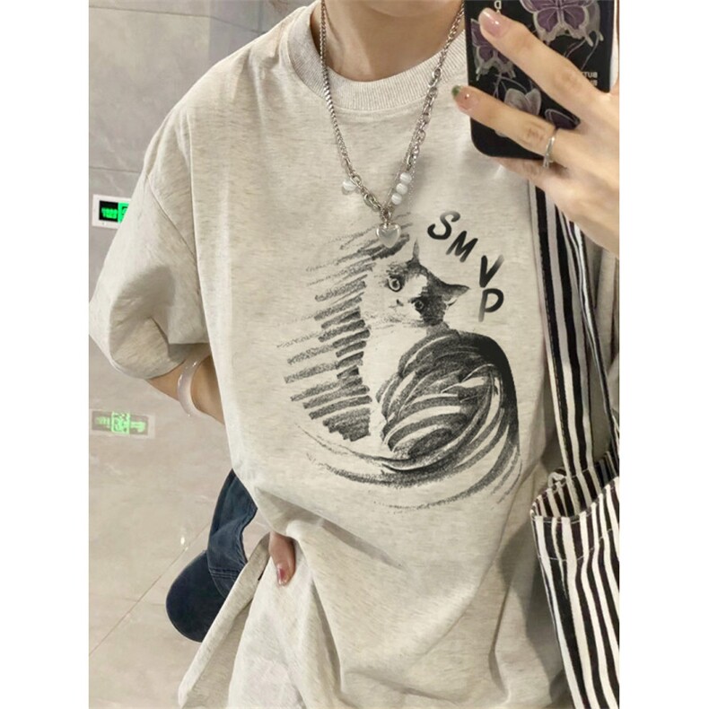 T0750-P25 可爱萌宠猫咪印花纯棉短袖 花灰色简约复古情侣款百搭图片