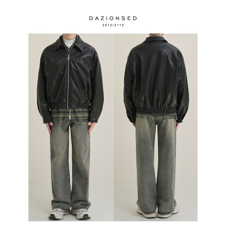 W639-P66痞帅Pu皮衣小众设计感潮牌双拉链垫肩皮夹克男机车服,男装皮衣,电商B323A
