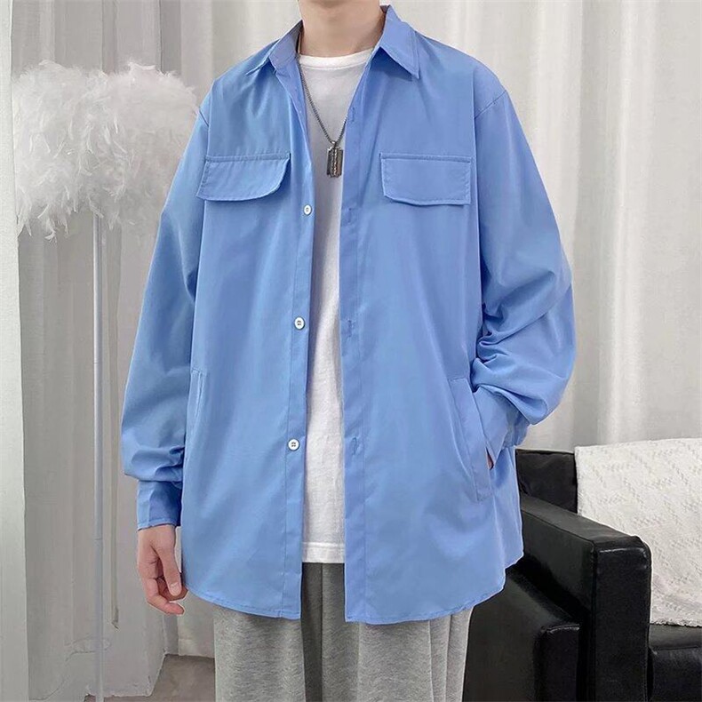 秋季小清新长袖衬衫男ins港风宽松休闲百搭衬衣韩版潮流帅气外图片