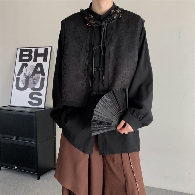 春夏24山本暗黑风提花长袖设计感加肥加大码假两件马甲显瘦衬衫,男装背心/马甲,星座909