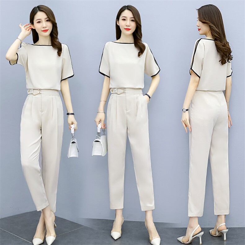 时尚减龄小脚裤套装女2021新款韩版套装修身夏装短袖两件套潮,女装职业装,丽美静依