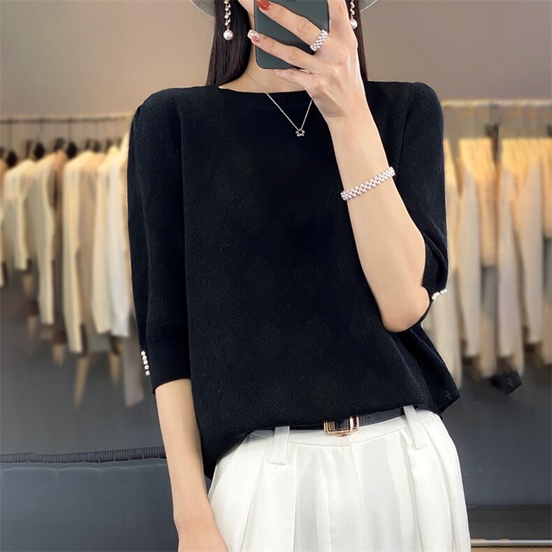 夏季新款圆领珍珠短袖时尚百搭,女装T恤,暮绒羊羊绒