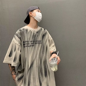 vibe潮高街重磅t恤手绘涂鸦粗粝感短袖美式复古五分袖T9888-p28图片