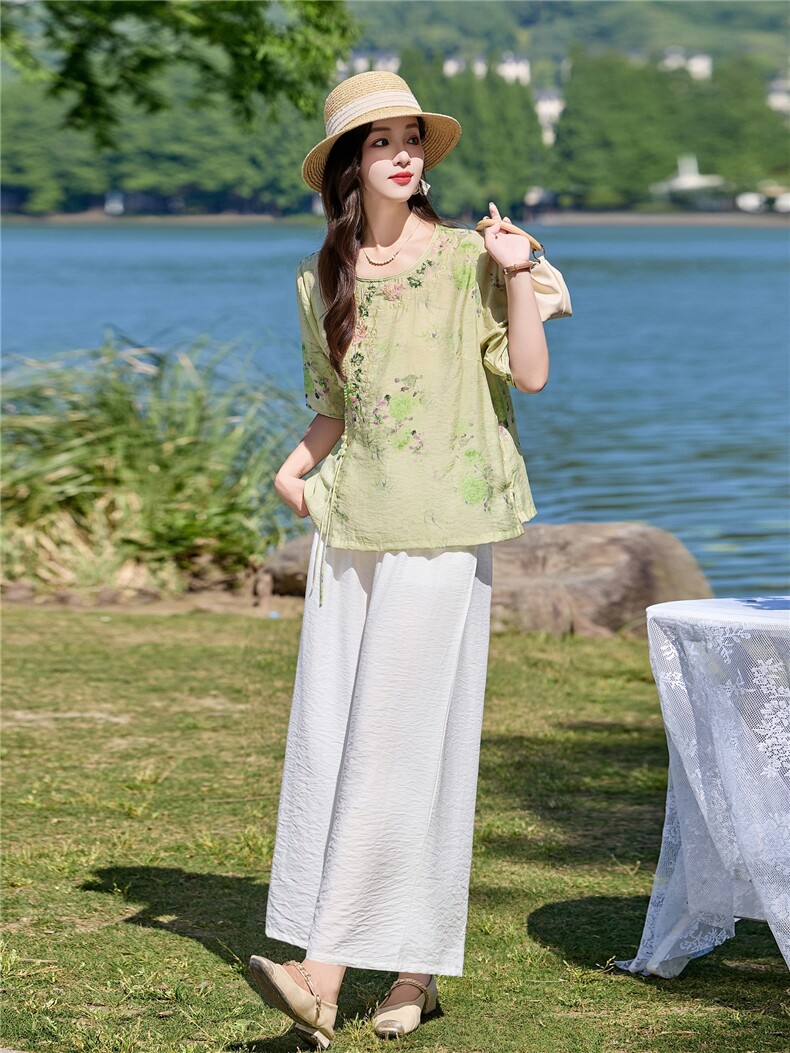 时尚洋气刺绣印花套装女2026夏季新款宽松遮肉显瘦阔腿裤两件套,女装套装/套裙,魅影
