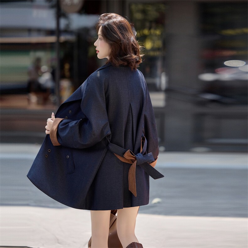 高级感藏青色翻领风衣外套女2025秋冬季宽松减龄拼色收腰气质大衣,女装风衣,素月