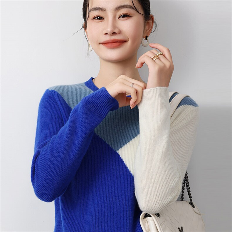 秋冬季新款女时尚百搭显瘦圆领套头三拼色羊毛衫,女装羊毛衫,琳尚羊绒