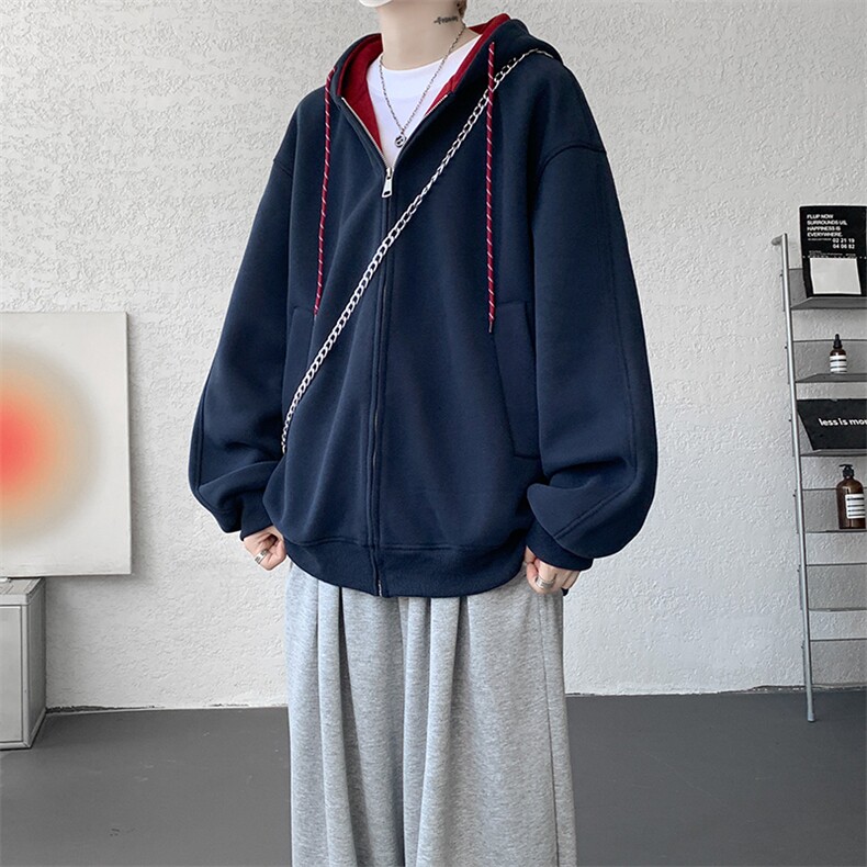 8XL-M秋连帽卫衣男宽松休闲纯色拉链开衫外套拼色帽衫运动WY27P65图片