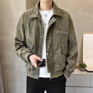 棕色做旧皮衣外套男痞帅设计感小众情侣休闲翻领夹克 JK8896图片