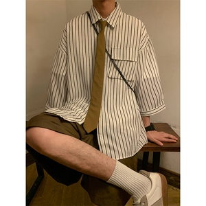 C2037/P35条纹工装短袖衬衣男士衬衫五分袖潮大码上衣男图片