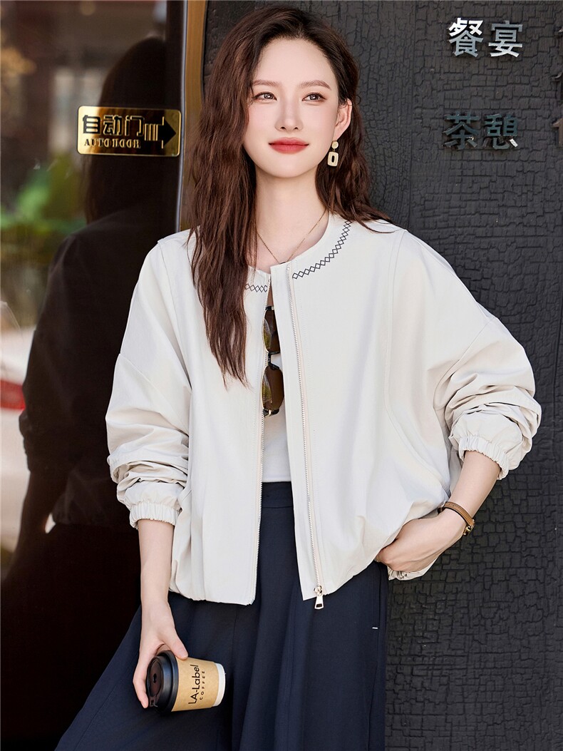 撞色刺绣圆领短外套女2025秋季新款小个子休闲百搭超好看夹克上衣,女装短外套,鑫鑫美