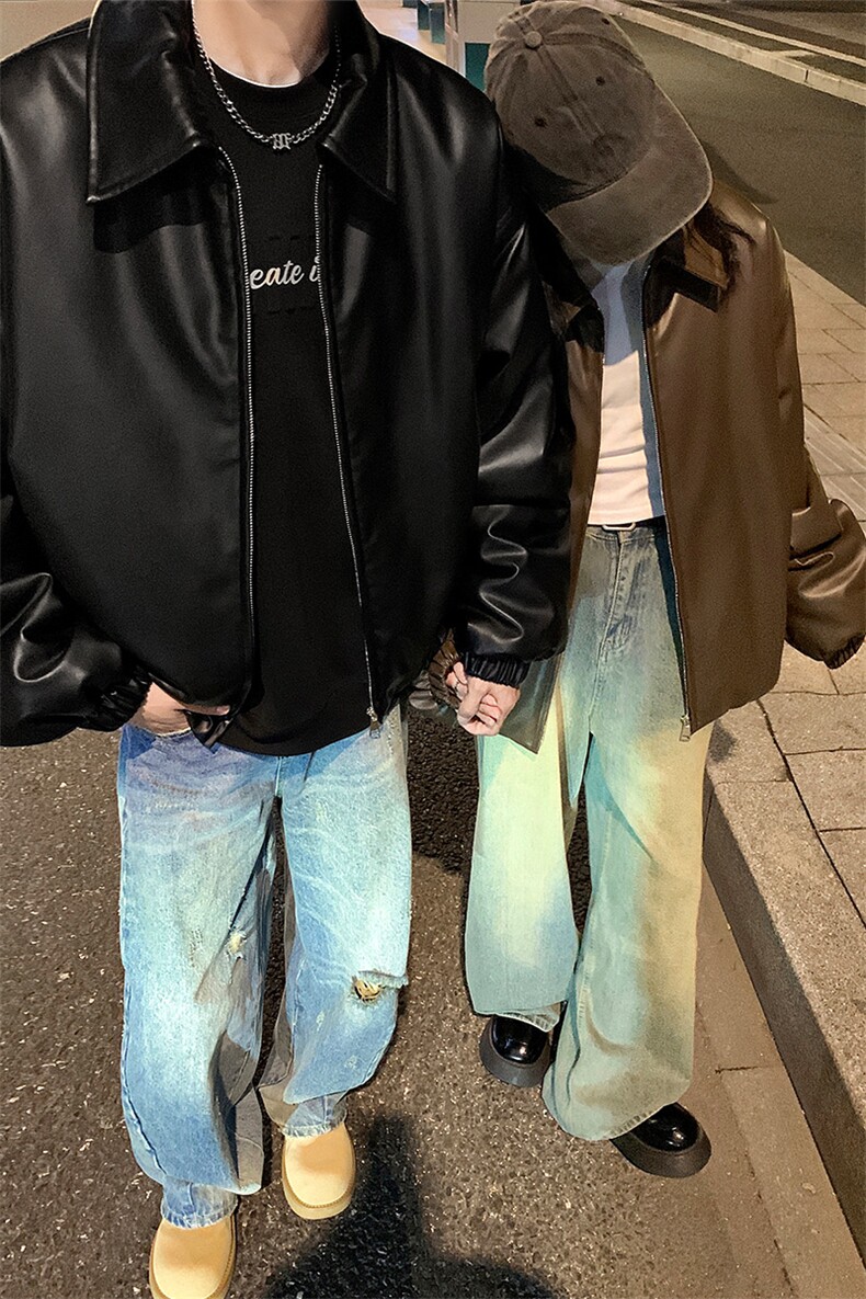 24冬季情侣装宽松翻领PU皮棉衣冬装外套男女装短款棉服S368-P128,男装棉衣,电商A233-1