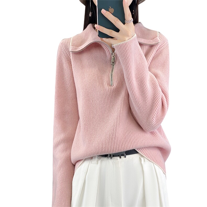 秋冬新款羊毛衫女翻领套头宽松型半高百搭毛衣针织显瘦,女装羊毛衫,犀桦羊绒