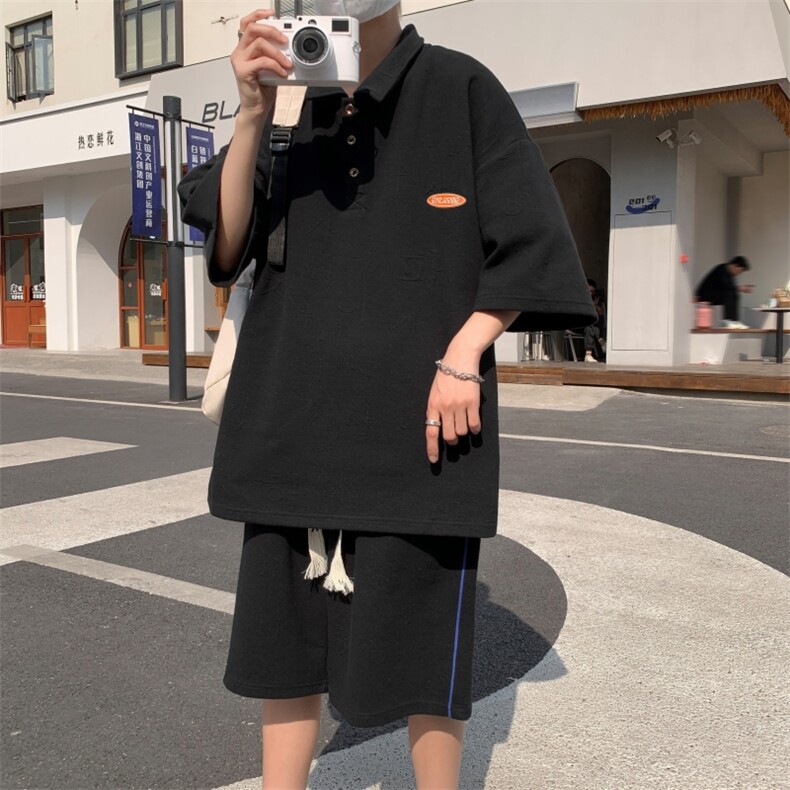 新款潮流ins五分袖男POLO衫休闲夏季休闲套装棉港风男装TZ5906P70,男装休闲套装,电商A086