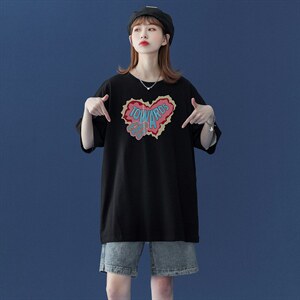中性 夏季潮流韩版彩虹爱心印花宽松情侣短袖T恤 T33P25控38图片