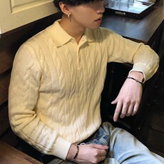麻花针织衫男韩系宽松百搭设计感翻领套头毛衣513AMY2634P50，男装针织衫/毛衣，星座513A