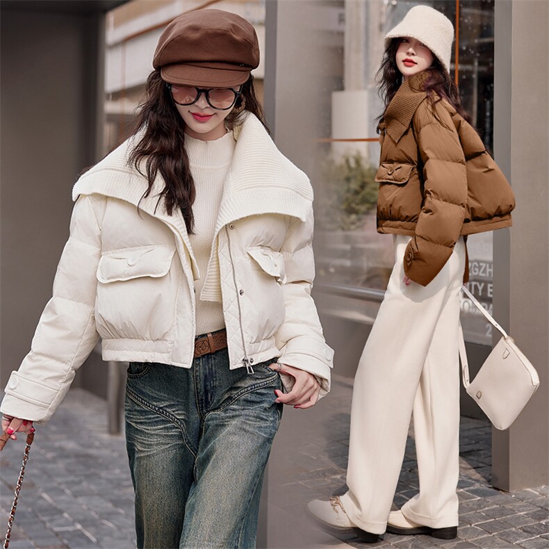 2025冬装新款针织翻领可脱卸穿着气质时尚不显单调白鸭绒羽绒服，女装羽绒服，尚娜萱