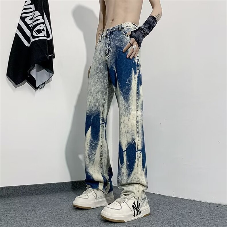 扎染渐变牛仔裤男春秋宽松潮流直筒长裤复古百搭图片