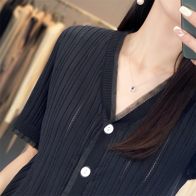 蕾丝开衫短袖t恤女夏季2025新款打底衫洋气女装冰丝针织上衣,针织衫/毛衣,思牵羊绒