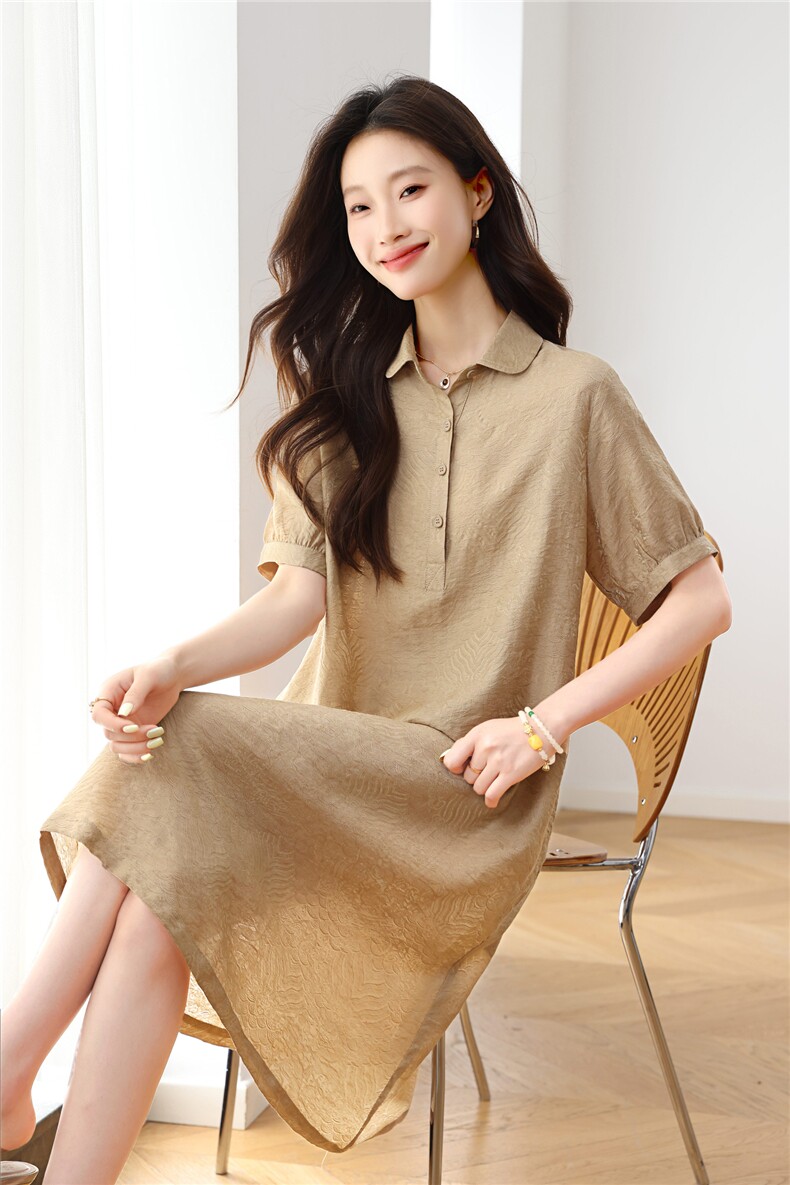 夏季薄款天丝亚麻连衣裙女2025新款宽松中年妈妈减龄翻领直筒裙子,女装连衣裙,依恋蒂丝