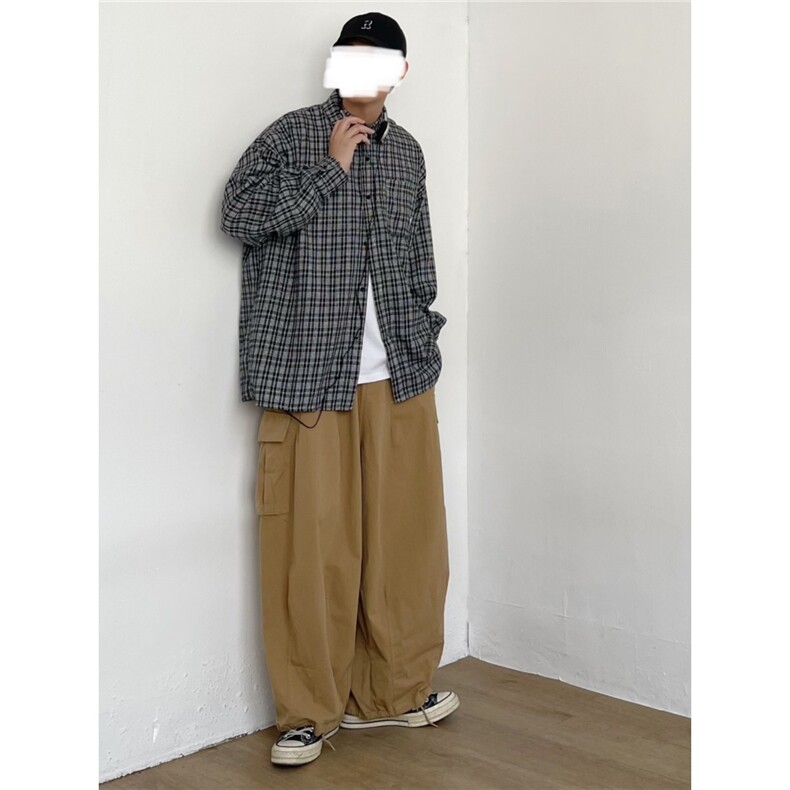 C15-P32秋季新款日系复古百搭格子衬衫男女内搭宽松休闲百搭长袖,男装T恤,电商B323A